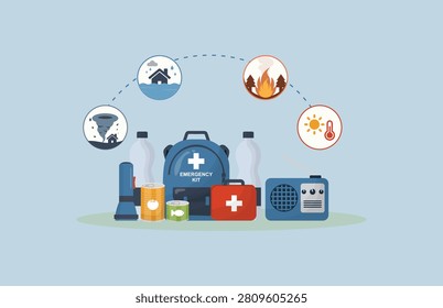 Emergency Preparedness Kit With Hazard Icons. emergency kit with hazard icons for flood, wildfire, tornado, and heat, ideal for disaster preparedness and safety concepts. Vector illustration