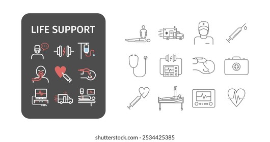 Conjunto de iconos lineales de procedimientos de emergencia. Símbolos de reanimación. Tratamiento intensivo. Reanimación cardíaca. Signos de Vector