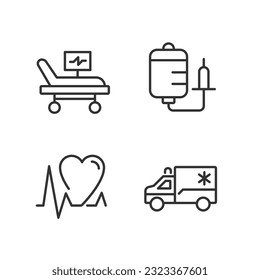 Emergency procedures pixel perfect linear icons set. Intensive care treatment. Cardiac resuscitation. Healthcare. Customizable thin line symbols. Isolated vector outline illustrations. Editable stroke