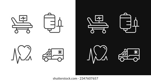 Emergency procedures pixel perfect linear icons set for dark, light mode. Intensive care. Cardiac resuscitation. Thin line symbols for night, day theme. Isolated illustrations. Editable stroke