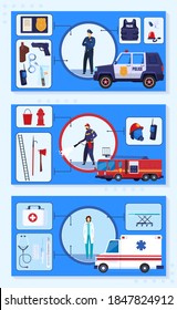 Emergency protection service vector illustration. Cartoon flat emergency infographic banner collection with rescue people, doctor fireman police characters and medical, protective rescuing equipment