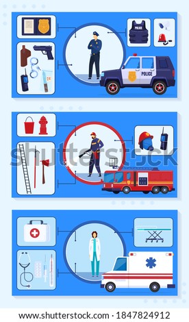 Emergency protection service vector illustration. Cartoon flat emergency infographic banner collection with rescue people, doctor fireman police characters and medical, protective rescuing equipment