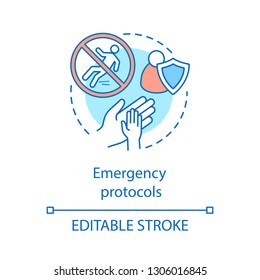 Emergency protocols concept icon. First aid, health insurance idea thin line illustration. Medical assistance, primary, initial care, public safety. Vector isolated outline drawing. Editable stroke