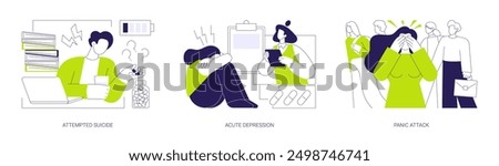 Emergency psychiatry abstract concept vector illustration set. Attempted suicide, acute depression, panic attack, mental disorders, anxiety and fear, exhausted person abstract metaphor.