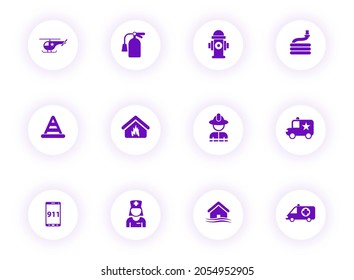 emergency purple color vector icons on light round buttons with purple shadow. emergency icon set for web, mobile apps, ui design and print
