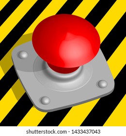 emergency red button, yellow and back stripes background, vector illustraiton 