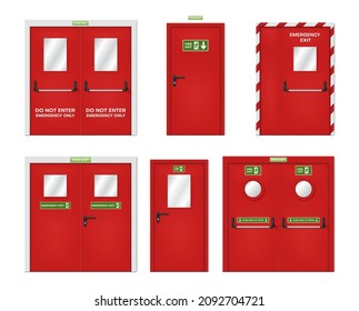 Emergency red door collection vector realistic illustration. Set safety fire exit metallic entrance evacuate insignia symbols isolated. Indoor building alarm trigger handle doorway for assembly point