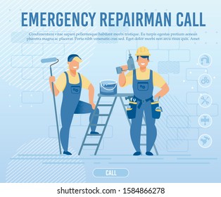 Emergency Repairman Call Flat Webpage Banner. Friendly Smiling Professional Plumbers, Designers, Painters, Electrics Team in Uniform with Tools and Equipment. Vector Cartoon Illustration