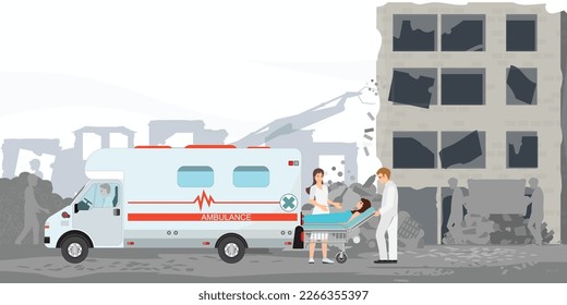 Emergency rescue people from destroyed houses. Victims of natural cataclysm. First aid team help evacuate citizens. Earthquake disaster in city, vector illustration.