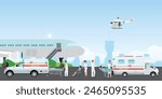 Emergency rescue people from plane crashes into turbulence. Paramedic Urgency Injured Character.First aid team help evacuate citizens, Professional Medicine Rescue, vector illustration.