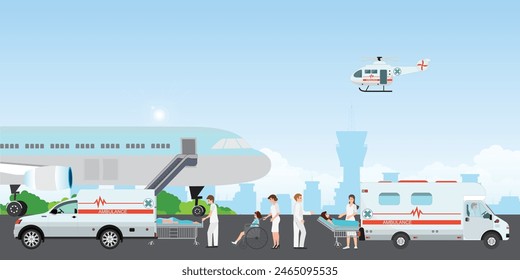 Emergencia rescata a personas de accidentes de avión en turbulencia. Personaje Lesionado de Urgencia Paramédica. Equipo de primeros auxilios ayuda a evacuar a los ciudadanos, rescate de medicina de Profesional, Ilustración vectorial.