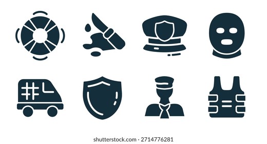 Rescate de emergencia y seguridad excelente icono de colección. Conjunto de boya salvavidas, cuchillo, gorra de policía, máscara, coche de policía, escudo, oficial e iconos de chaleco salvavidas