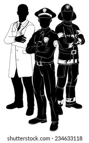 Emergency rescue services team silhouettes of a policeman or police officer, a fireman or fire-fighter and a doctor