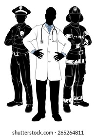 Emergency rescue services team silhouettes of a policeman or police officer, a fireman or fire-fighter and a doctor