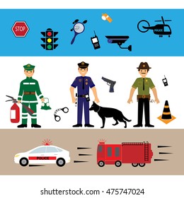 Emergency rescue services team silhouettes of a policeman or police officer, a fireman or fire-fighter