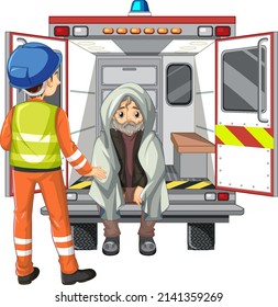 Emergency rescue team help people cartoon style at ambulance car illustration