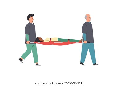 Emergency Rescue Team Transporting Injured Patient On Stretcher, Flat Cartoon Vector Illustration Isolated On White Background. Medicine And Injury Emergency Paramedics.