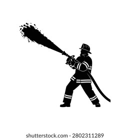 Emergency responder in protective gear dousing a blaze with a powerful water stream. Ideal for safety campaigns and disaster relief promotions.