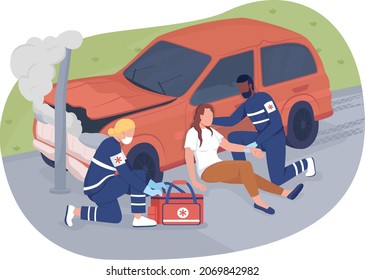 Emergency response 2D vector isolated illustration. Paramedics helping car accident victim flat characters on cartoon background. Licensing ambulance service. Provide medical care colourful scene