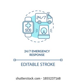 Emergency Response Concept Icon. Health Monitoring Idea Thin Line Illustration. SOS Emergency Calls. 24 Hour Hotline. Vector Isolated Outline RGB Color Drawing. Editable Stroke