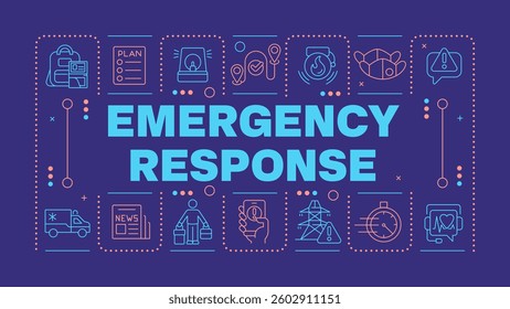 Emergency response dark purple word concept. Action during dangerous accident. Rescue service. Horizontal vector image. Headline text surrounded by editable outline icons