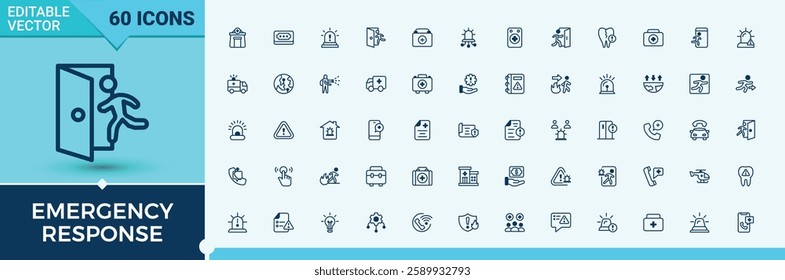 Emergency Response icon. Included icons as help, hospital, protection, danger, first, equipment, accident and more. Flat icon. Vector line and solid icons.