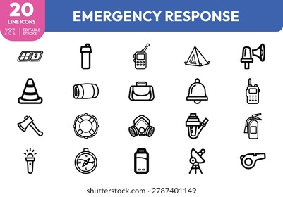 Emergency Response icon set. Contain icons related to safety, rescue, communication, and more. Editable stroke. Vector illustration.