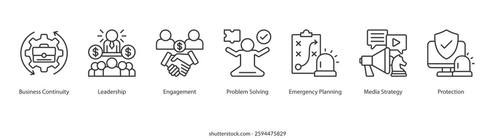 Emergency Response Icon Sheet line style protection, business continuity, leadership, engagement, problem solving, emergency planning, media strategy