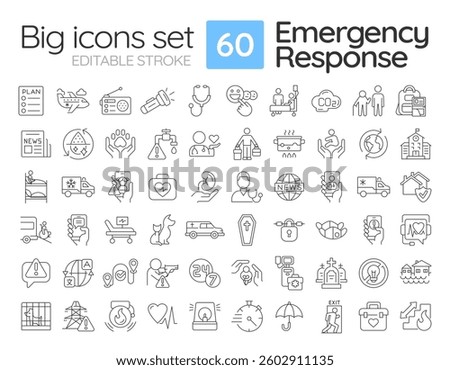 Emergency response linear icons set. Public safety and rescue service. Protection from vary dangers. Customizable thin line symbols. Isolated vector outline illustrations. Editable stroke