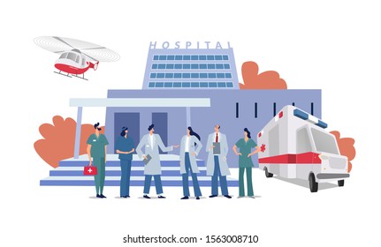 Emergency Response Officers. Hospital Building And Doctor In Flat Style. Panoramic Background With Hospital Building, Medical Staff, Doctors, Nurse