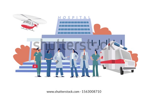 Emergency response officers. Hospital\
building and doctor in flat style. Panoramic background with\
hospital building, medical staff, doctors,\
nurse