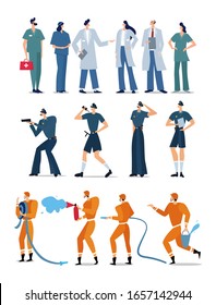 Emergency Response Officers - Paramedic, Nurse, Doctor, Firefighter And Policeman. Flat Style Characters Police, Firefighters And Ambulance Workers. 