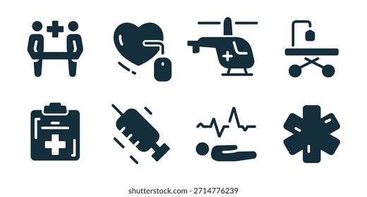 Serviços de resposta de emergência excelente coleção de ícones. Conjunto de ícones de equipe de resgate, monitor cardíaco, helicóptero médico, maca, prancheta médica, injeção, paciente e símbolo de emergência
