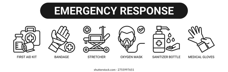 Concepto de Ilustración vectorial de ícono de Anuncio de Web de respuesta de emergencia con íconos de botiquín de primeros auxilios, vendaje, camilla, máscara de oxígeno, botella de desinfectante y guantes médicos.