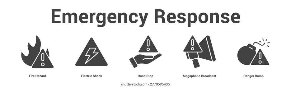 Emergency Response web banner icon set vector illustration concept for business with icon of Fire Hazard, Electric Shock, Hand Stop, Megaphone Broadca.