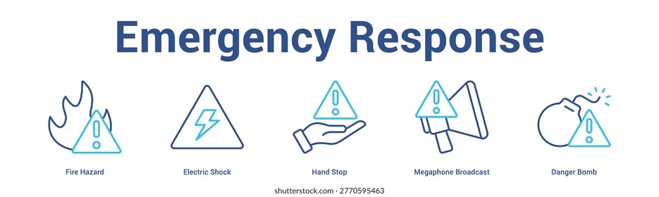 Emergency Response web banner icon set vector illustration concept for business with icon of Fire Hazard, Electric Shock, Hand Stop, Megaphone Broadca.