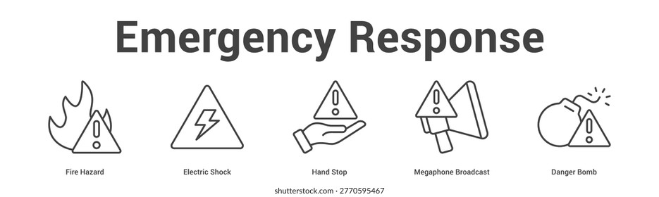 Emergency Response web banner icon set vector illustration concept for business with icon of Fire Hazard, Electric Shock, Hand Stop, Megaphone Broadca.