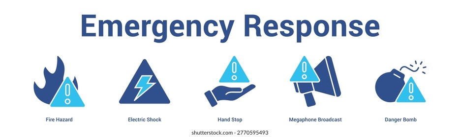 Emergency Response web banner icon set vector illustration concept for business with icon of Fire Hazard, Electric Shock, Hand Stop, Megaphone Broadca.