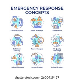 Emergency responses multi color concept icons. Dealing with threats and crisis. Public safety development. Icon pack. Vector images. Round shape illustrations for brochure. Abstract idea