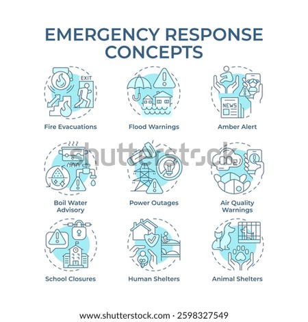 Emergency responses soft blue concept icons. Dealing with potential threats and crisis. Public safety development. Icon pack. Vector images. Round shape illustrations for brochure. Abstract idea