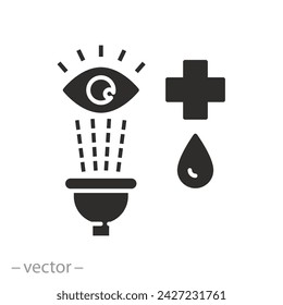 icono de enjuague de emergencia, procedimiento de lavado de ojos, estación médica, símbolo plano - ilustración vectorial