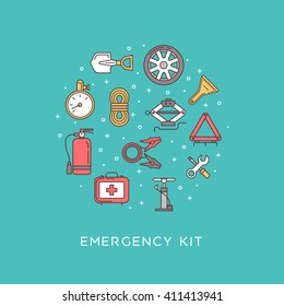 Emergency road kit items. Emergency flat line icons set. Icons placed in the form of a circle. Automobile items. Car service and repairing equipment. Vector illustrations. Auto mechanic tools. 