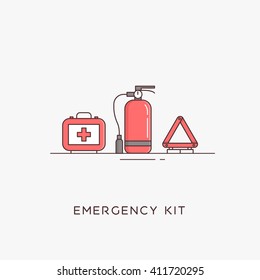 Emergency Road Kit Items. Emergency Flat Line Icons Set. Automobile Items. Vector Illustrations. The Set Of Basic Necessities In Case Of Accidents