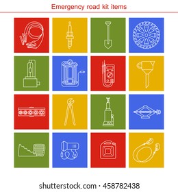 Emergency road kit items. Flat line icons set. Auto mechanic tools. Isolated background.