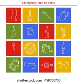 Emergency road kit items. Flat line icons set. Auto mechanic tools. Isolated background.