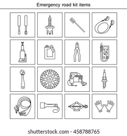 Emergency road kit items. Flat line icons set. Auto mechanic tools. Isolated background.