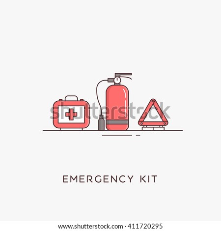 Emergency road kit items. Emergency flat line icons set. Automobile items. Vector illustrations. The set of basic necessities in case of accidents Сток-фото © 