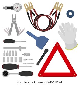 Emergency road kit items set. Car service and repairing equipment. Auto mechanic tools. Ice scraper and jumper cables. Triangle warning sign and flashlight. Vector isolated illustrations. Color svg