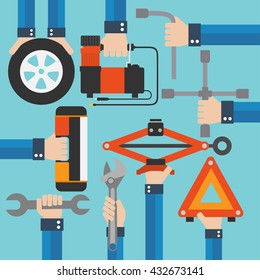 Emergency road kit items,auto mechanic tools modern flat design.Vector illustration