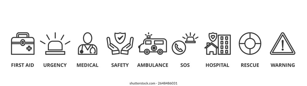 Emergency room banner vector illustration concept with icon of first aid, urgency, medical, safety, ambulance, SOS, hospital, rescue and warning